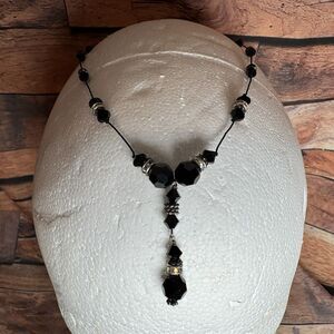 Black Faceted Glass Bead Y Drop Necklace Silver Tone Accent Spacers Dangle